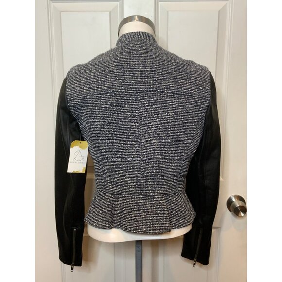 Theory Black & White Tweed Zip-Up Moto Jacket Lamb Leather Sleeves, Size 6 - Picture 8 of 12